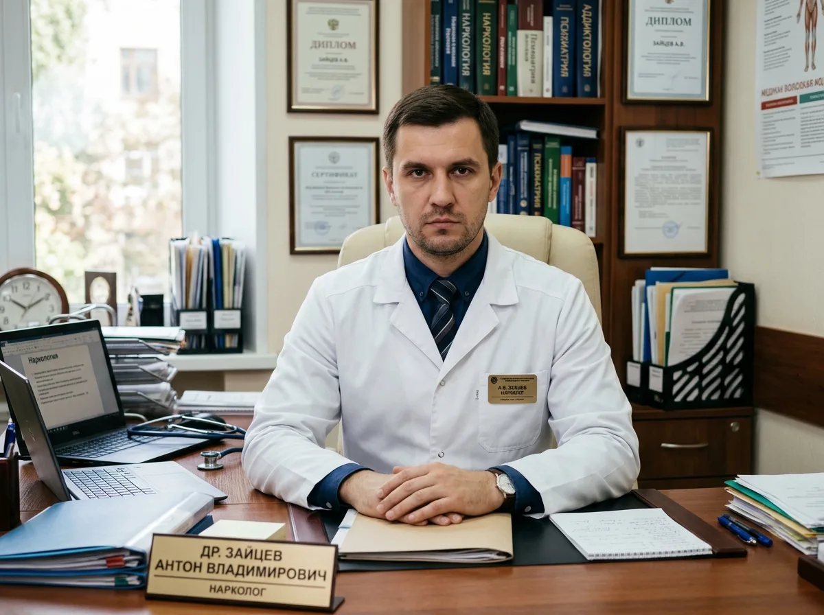 Портрет нарколога Зайцева Антона Владимировича, мужчина около 35 лет, белый халат, строгий взгляд, медицинский кабинет